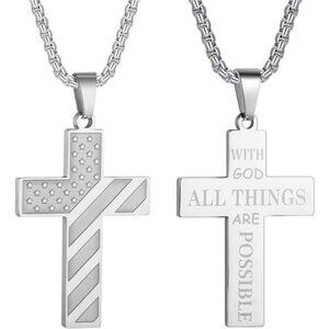 Silver American Flag GOD Cross Necklace Men Stainless Steel Box Chain 22+2 inch